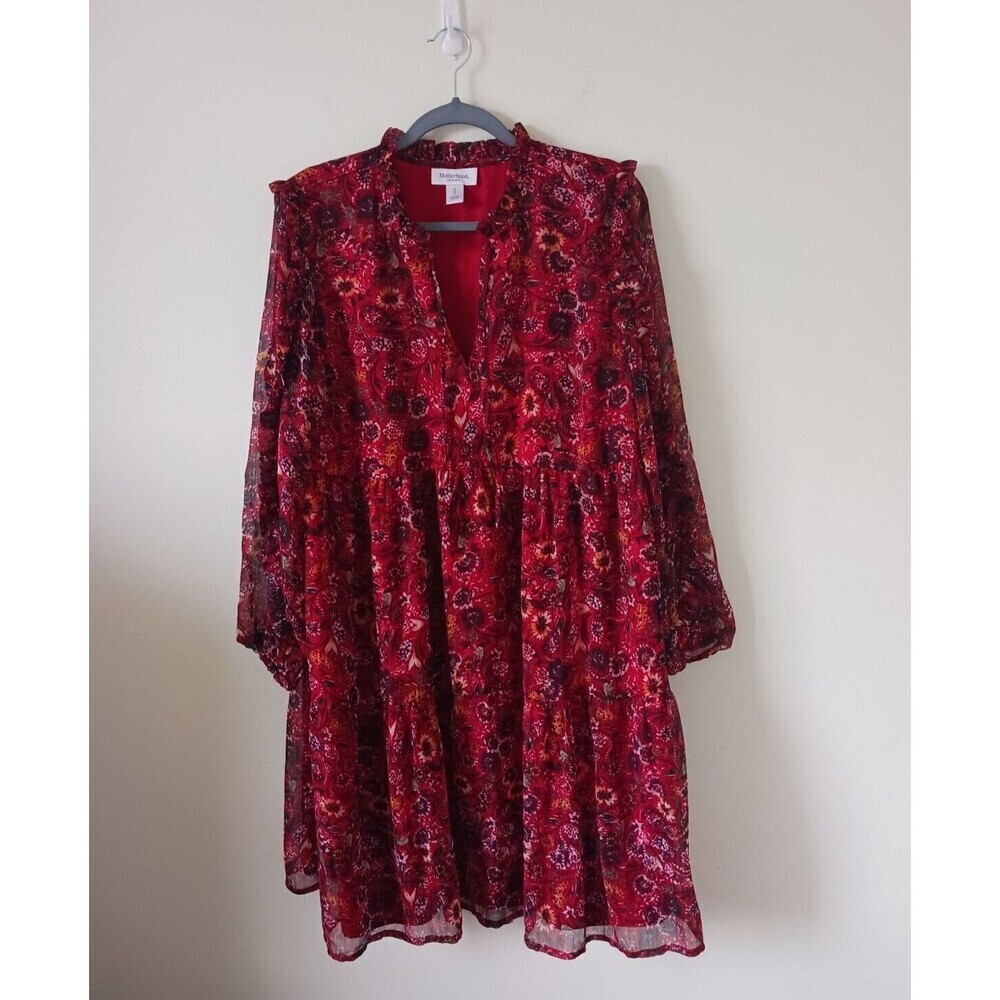 Motherwood Maternity Floral Midi Dress Sheer Ruffle Sleeve Lined V Neck Red M
